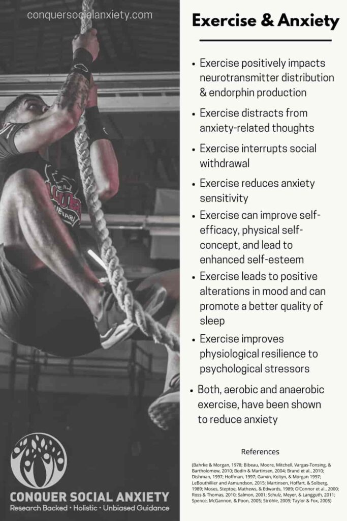 Physical exercise has been shown to have anxiety-reducing effects due to improvements on a hormonal, cognitive, and psychological level.