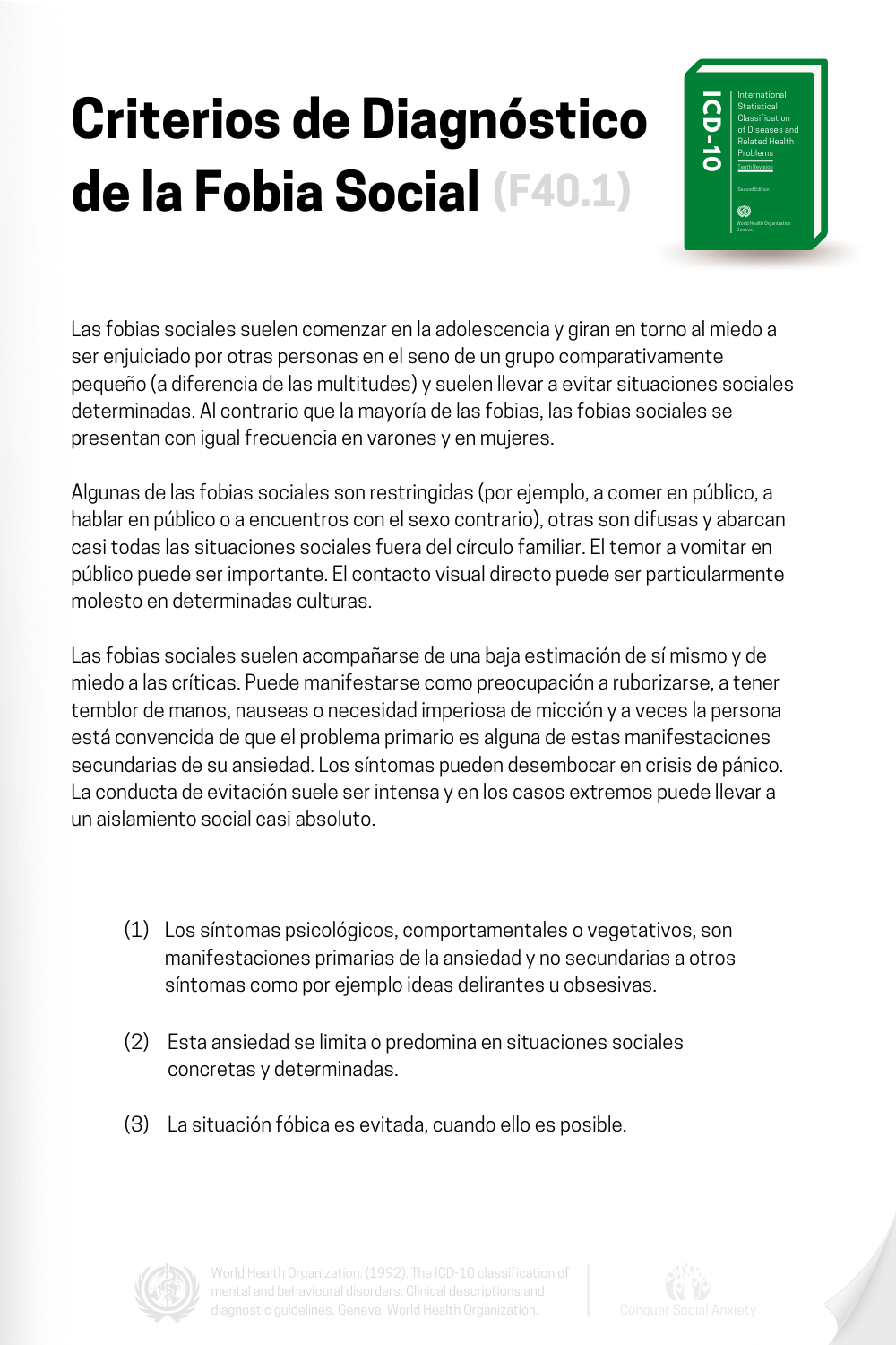 Criterios diagnósticos oficiales de la CIE-10 para la fobia social (trastorno de ansiedad social).