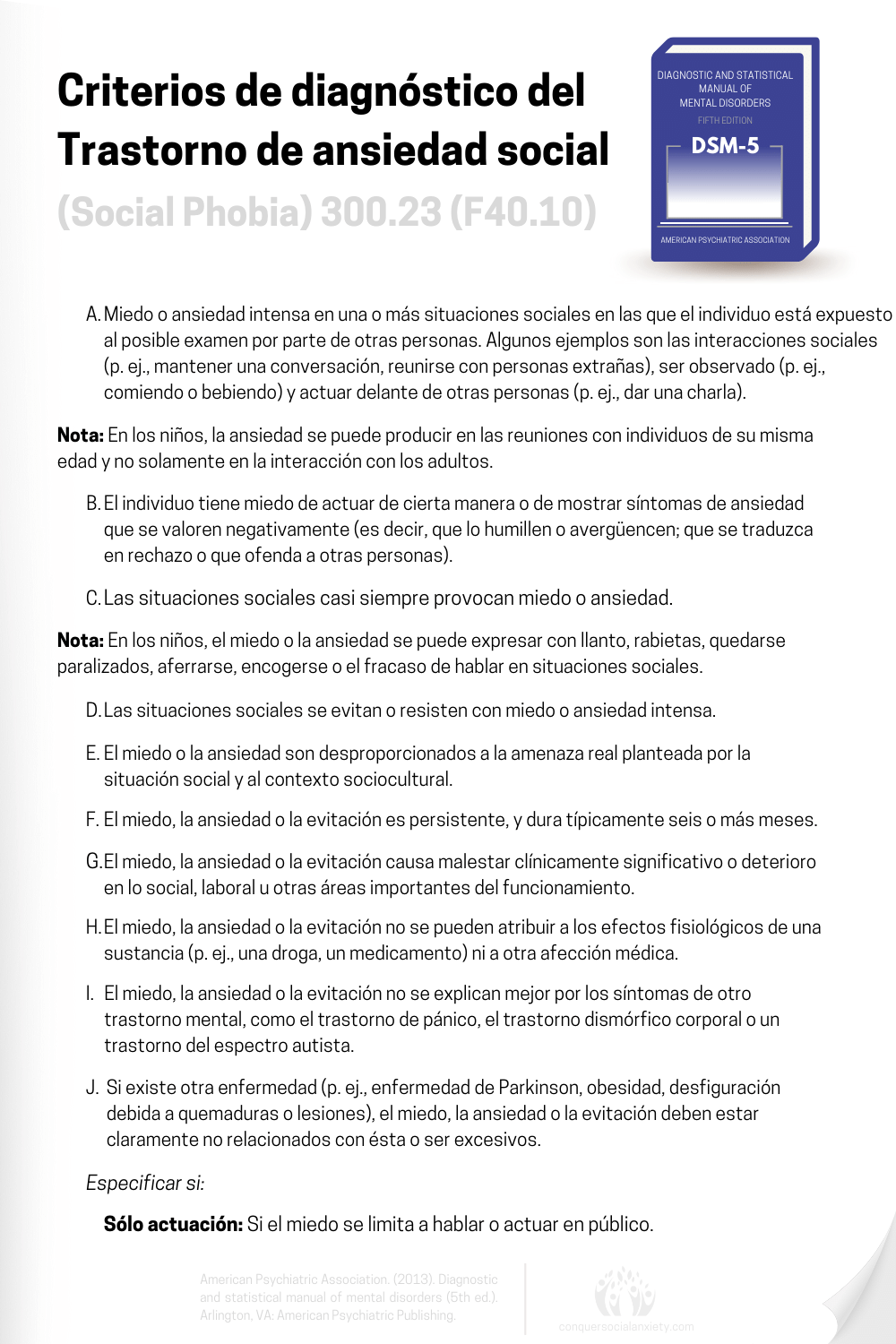 Criterios diagnósticos oficiales del DSM-5 para el diagnóstico del trastorno de ansiedad social (fobia social).