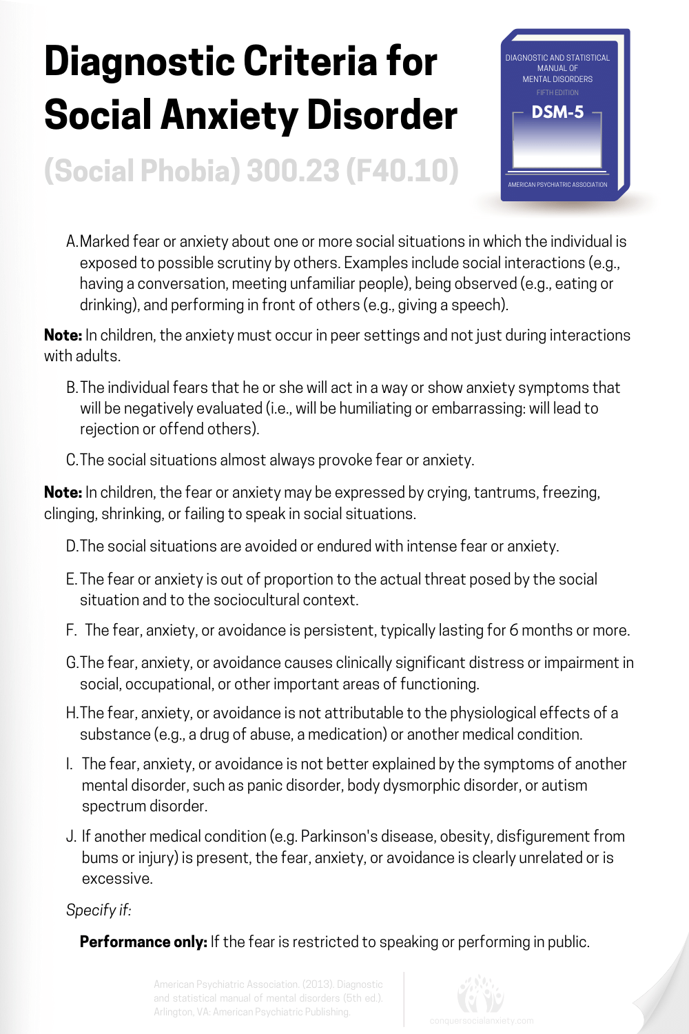 Official DSM-5 diagnostic criteria for the diagnosis of social anxiety disorder (social phobia).