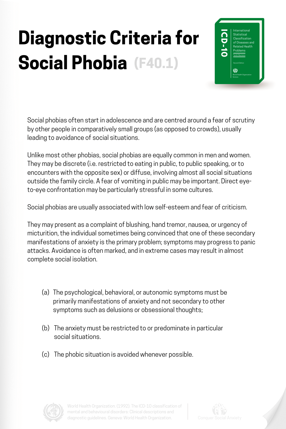 Official ICD-10 diagnostic criteria for social phobia (social anxiety disorder).