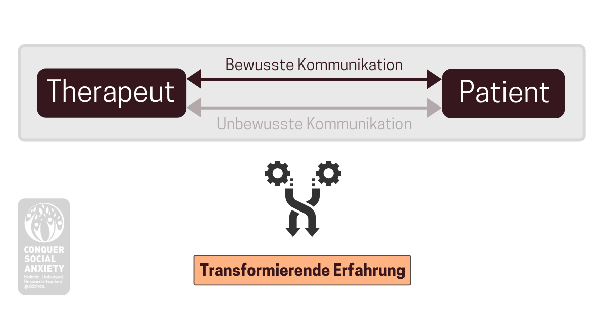 Infografik: Zwischen Therapeut und Patient entwickelt sich eine Beziehung, die zu bewusster und unbewusster Kommunikation führt. Die therapeutische Beziehung kann zu einer transformierenden Erfahrung führen.