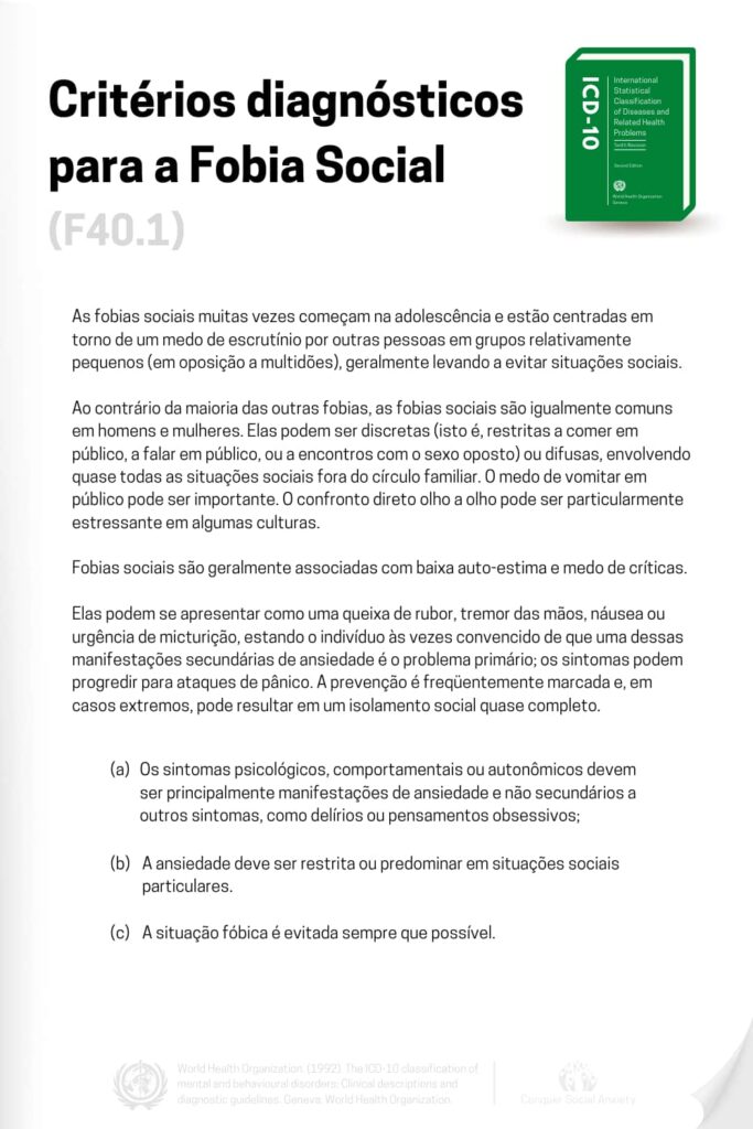 Critérios oficiais de diagnóstico do CID-10 para fobia social (transtorno de ansiedade social).