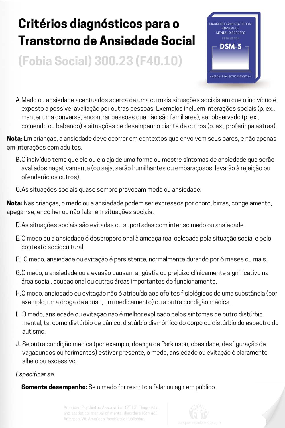 Critérios diagnósticos oficiais do DSM-5 para o diagnóstico de transtorno de ansiedade social (fobia social).