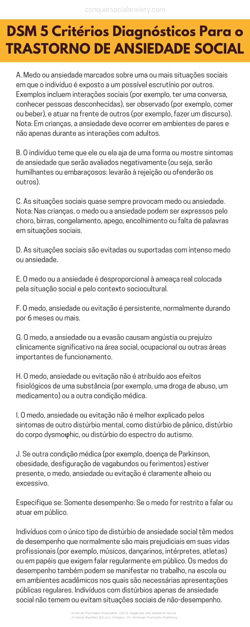 DSM 5 Critérios diagnósticos para o Transtorno de Ansiedade Social