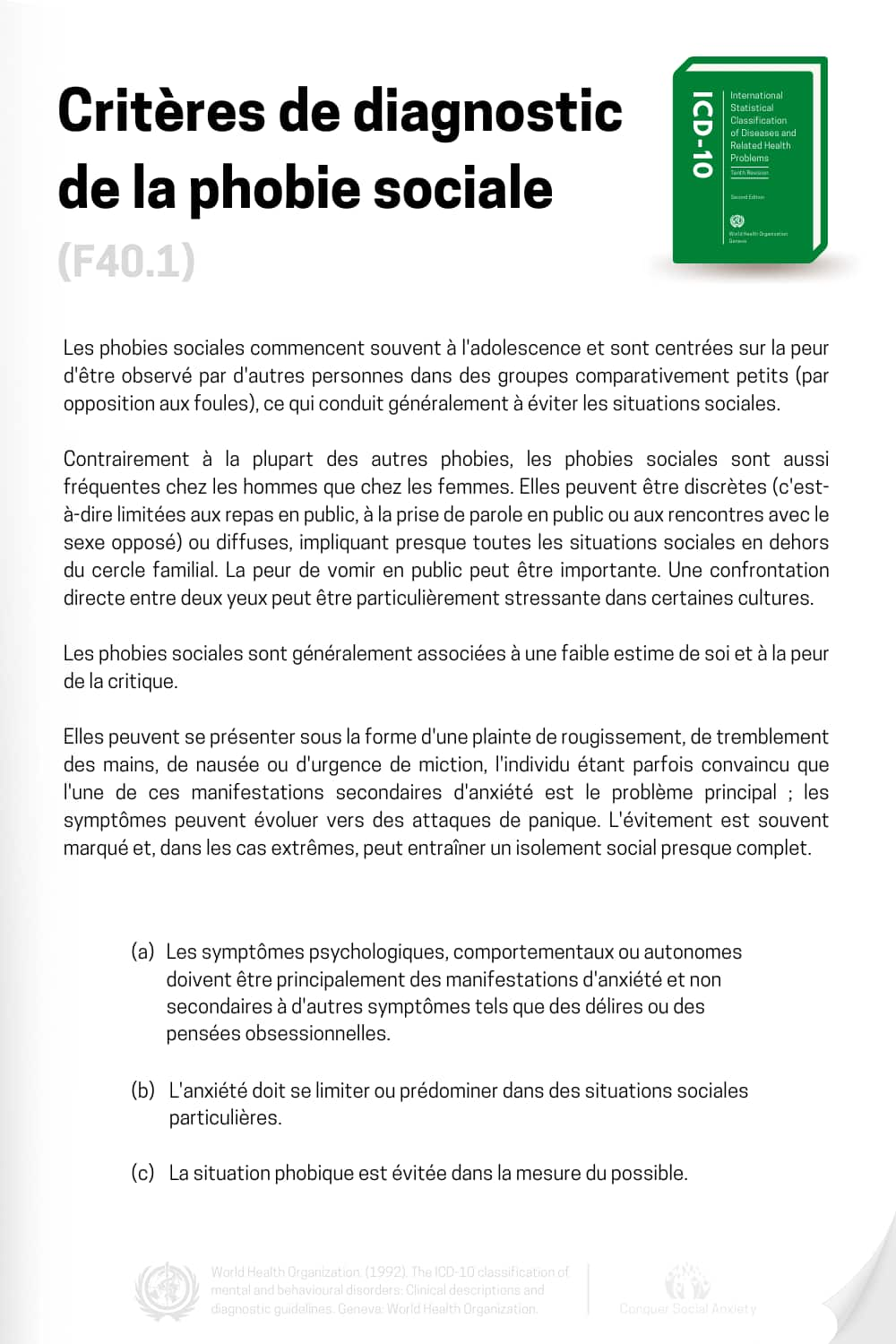 Critères de diagnostic officiels de la CIM-10 pour la phobie sociale (trouble d'anxiété sociale).