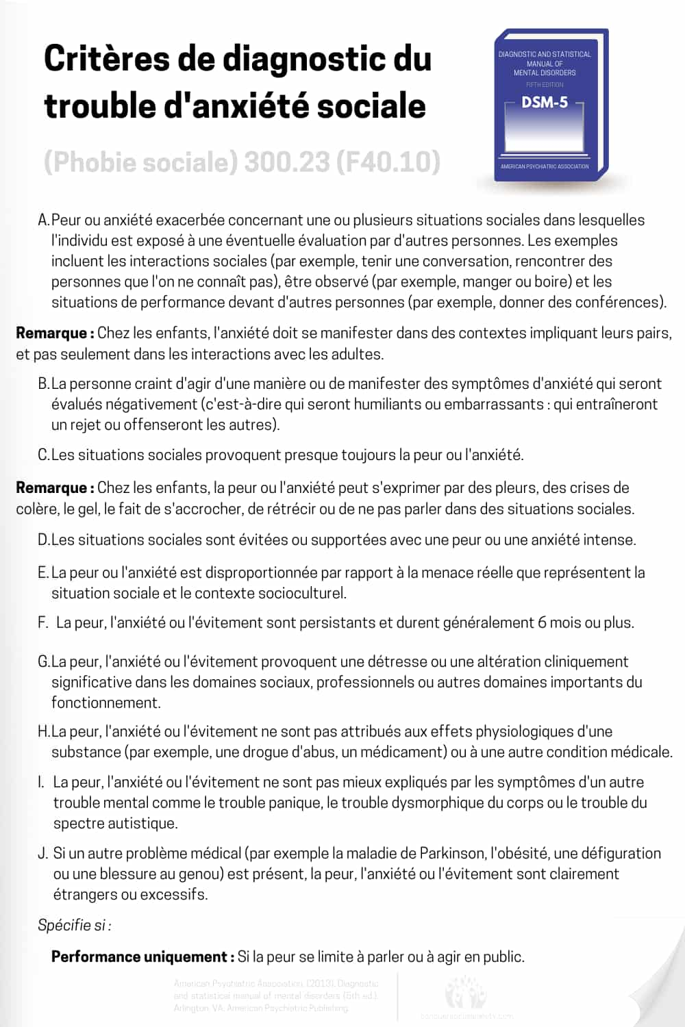 Critères de diagnostic officiels du DSM-5 pour le diagnostic du trouble d'anxiété sociale (phobie sociale).